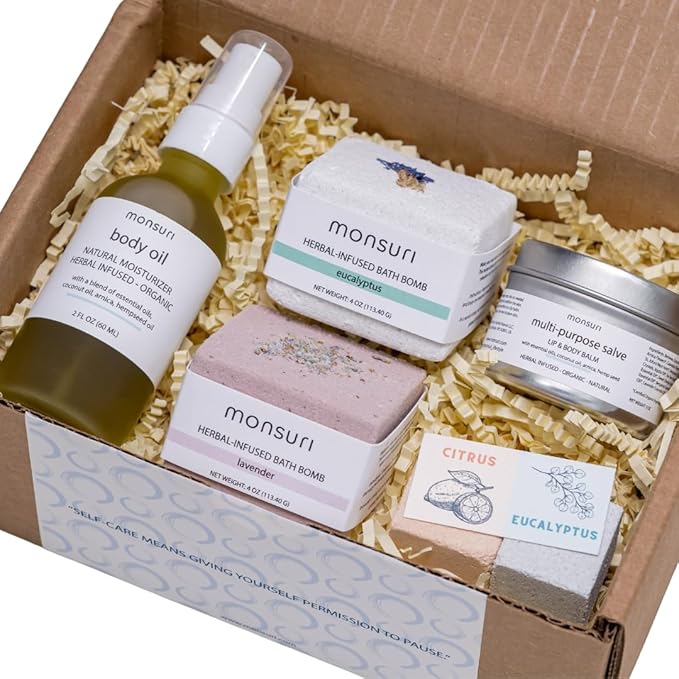 Muscle Relaxing Spa Gift Set for Women | Bath & Body Care Package with Natural Body Oil, Balm, Bath Bomb. Relaxation Self Care Package for Sore Muscles.