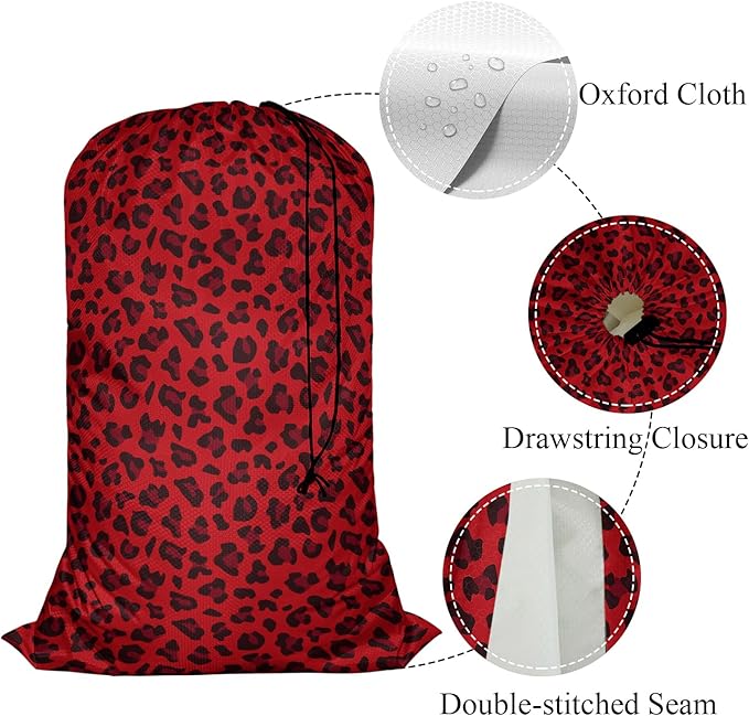 Swono Red Leopard Pattern Laundry Bag Large Heavy Duty Laundry Backpack with Adjustable Drawstring Closure Animal Print Panther Wildlife Laundry Hamper for Traveling Dirty Clothes Organizer
