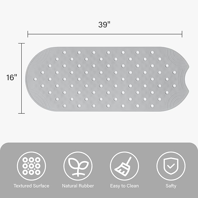 Rubber Bathtub Mat Shower Mat Non-Slip, 39x16 Inch, Bath Tub Floor Mat with Suction Cups and Drainage Holes, Grey