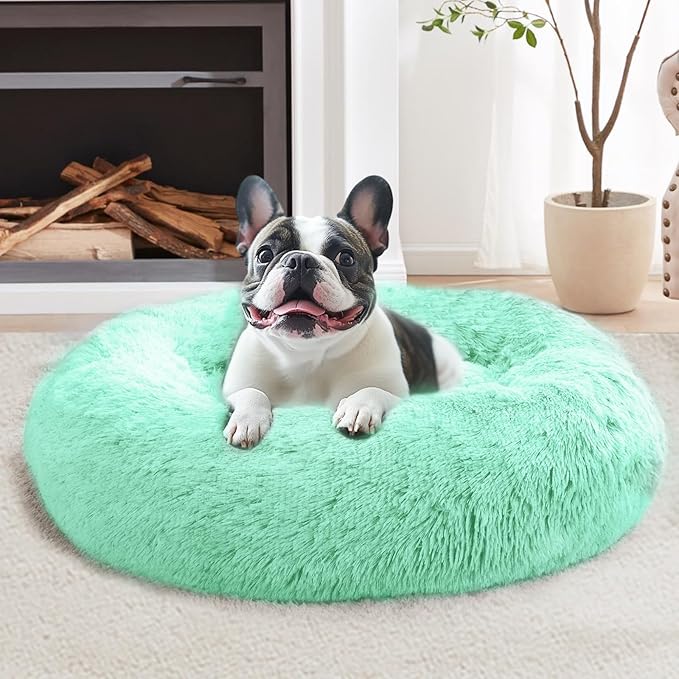 JOLLYVOGUE Small Dog & Cat Beds for Indoor Cats, Donut Cuddler Warming Soft Dog Beds with Anti-Slip Bottom, Round Calming Fluffy Plush Faux Fur Cushion Bed for Medium Dogs (31", Mint Green)