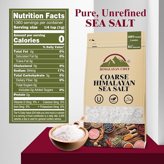 Himalayan Chef Sea Salt, Coarse Grains, 48 Ounce Resealable Bag – All Natural and Hand Harvested Unrefined Salt, Gluten Free, Non-GMO Seasoned Salt
