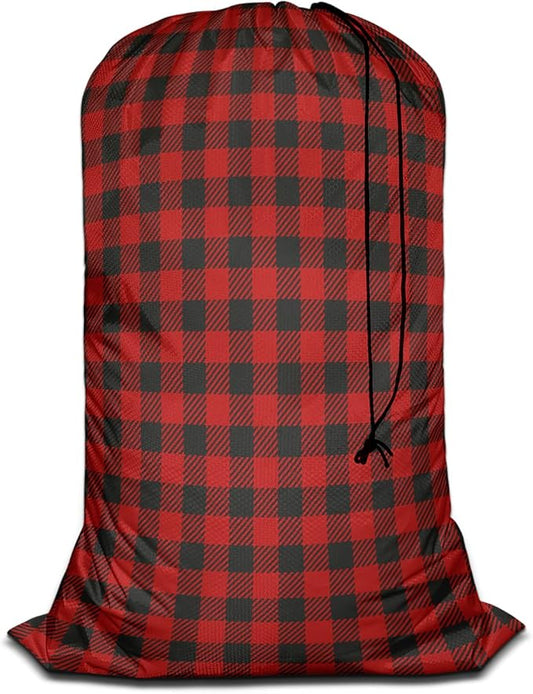 Swono Red Buffalo Plaid Travel Laundry Bag, Lumberjack Woodcutter Plaid Pattern Machine Washable Dirty Clothes Organizer, Large Enough to Hold 4 Loads of Laundry, Football Grid Oxford Cloth, Red Black