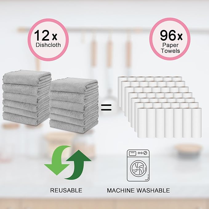 kimteny Kitchen Cloth Dish Towels, 13x28 Inches Premium Dishcloths, Super Absorbent Coral Velvet Microfiber Cleaning Cloths, Fast Drying Rags for Washing Dishes (13x28-12 Pack, Grey)