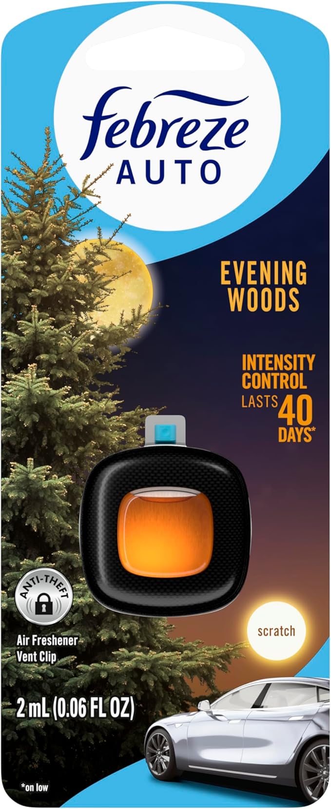 Febreze AUTO Air Freshener, Odor-Fighting Automotive Vent Clip, Evening Woods Scent, 8 Count