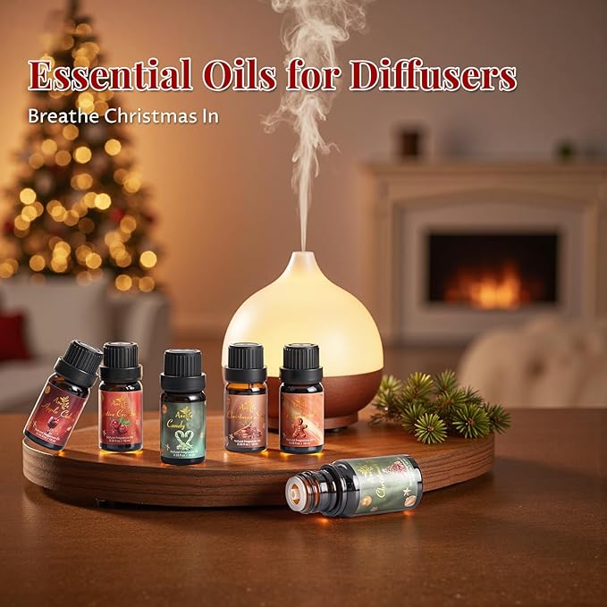 Christmas Essential Oil Set | 6 Pack Holiday Fragrance Oils for Diffuser, Candle Making | Christmas Tree, Spice, Gingerbread, Apple Cider, Candy, Cranberry | Aromatherapy Gift Set for Home & Women