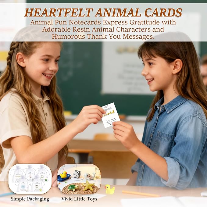 25 Set Animal Pun Note Cards, Employee Appreciation Gift Bulk for Coworkers Thank You Staff Vet Tech Week Gift, Inspirational Resin Office Pocket Gifts with Mini Animals,Cards and Organza Bags