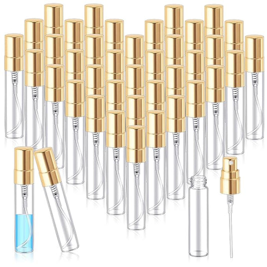 Zhehao 75 Pcs Mini Spray Bottles 5 ml Clear Glass Perfume Bottles Refillable Fine Mist Perfume Atomizer Portable Empty Sample Containers for Cleaning, Essential Oils, Travel (Gold Cap)