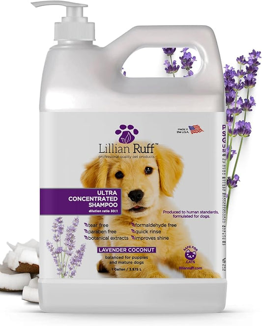 Lillian Ruff PRO Formula Ultra Concentrated Dog Shampoo – Makes 4 Gallons/30 Bottles, 30:1 Dilution, Professional Pet Shampoo for Sensitive Skin | Deodorizing & pH-Balanced Made in USA Gallon+Pump
