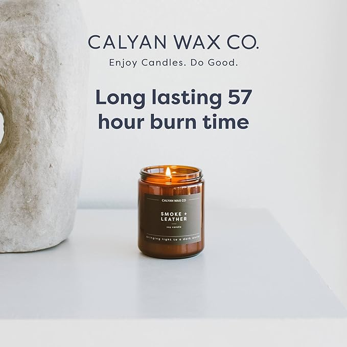 Calyan Wax Co. Soy Wax Candle, Oakmoss + Amber Scented Candle, 57 Hour Burn Time, Aromatherapy Soy Candles, Non Toxic & Vegan Soy Wax, Amber Glass Jar Scented Candles, 7.2oz