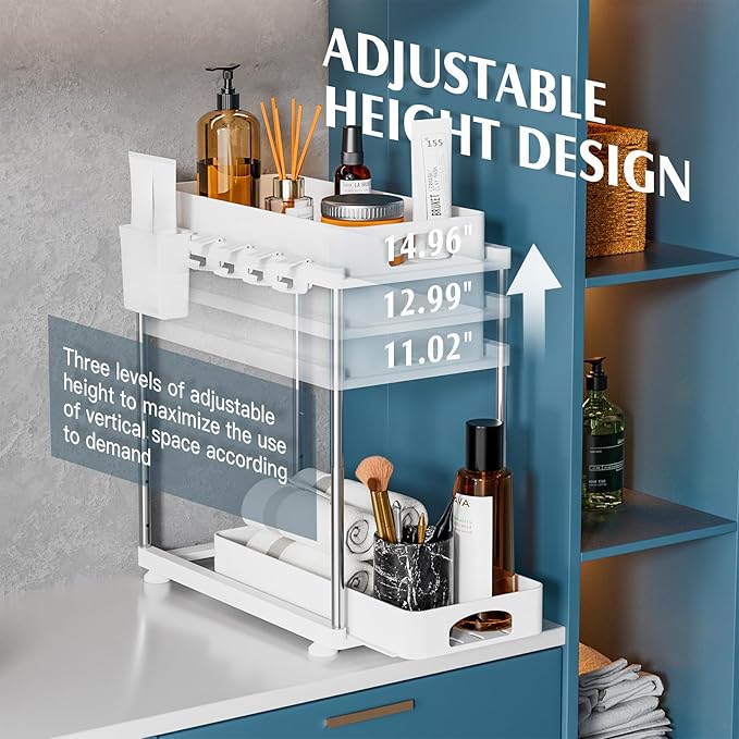 2 Pack Under Sink Organizers and Storage, Double Sliding Kitchen Cabinet Organizer, 2 Tier Height Adjustable Countertop Organizer for Kitchen Bathroom Laundry, White