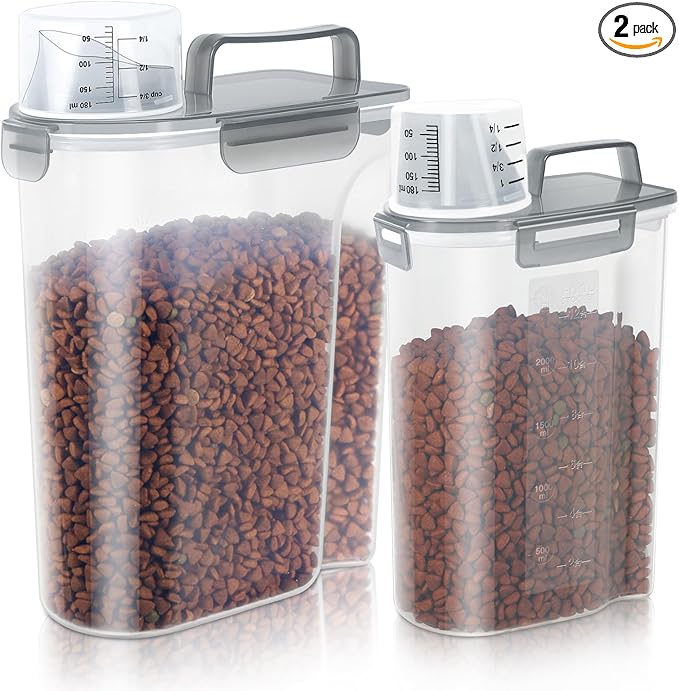 (3+5LBS 2Pack Cat Dog Food Storage Container Upgraded Large Nozzle BPA-free, Plastic Pet Food Containers, With 4 Sealed Clasps/1 Measuring Cup/Handle Easy Clean and Carry (Clear Grey)