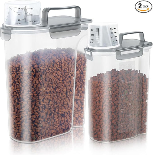 (3+5LBS 2Pack Cat Dog Food Storage Container Upgraded Large Nozzle BPA-free, Plastic Pet Food Containers, With 4 Sealed Clasps/1 Measuring Cup/Handle Easy Clean and Carry (Clear Grey)