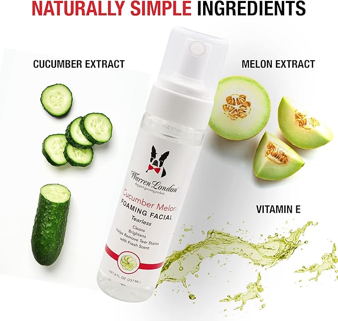 Warren London Foaming Pet Facial | Tear Free Dog Face Wash | Tearless Dog Shampoo for Faces & Dog Eye Stain Remover | Refreshing Cucumber Melon Wash | Made in USA | 8oz