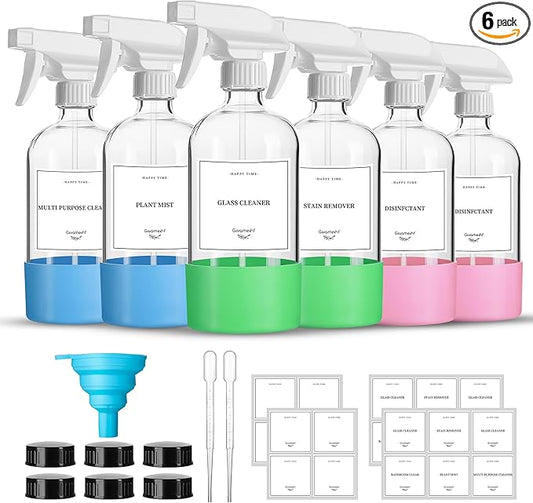 16oz Clear Glass Spray Bottles,6 Pack Glass Spray Bottles Refillable Empty Bottle with Adjustable Nozzle,Spray Bottle for Essential Oils,Cleaning,Pets,Hair Mister