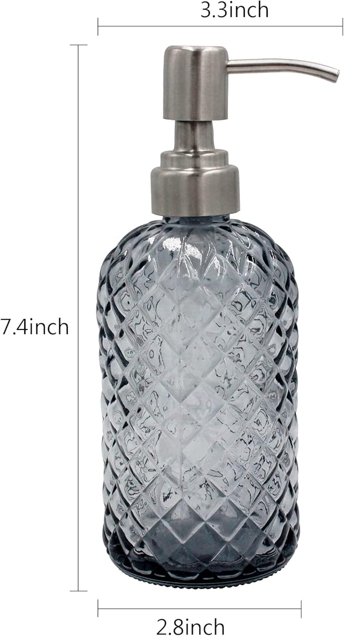 16 oz Diamond Pattern Glass Soap Dispenser, Kitchen and Bathroom Refillable Soap Dispenser with Rust Resistant Stainless Steel Pump for Hand Soap, Lotion Glass Liquid Dispenser(Grey-2pack)