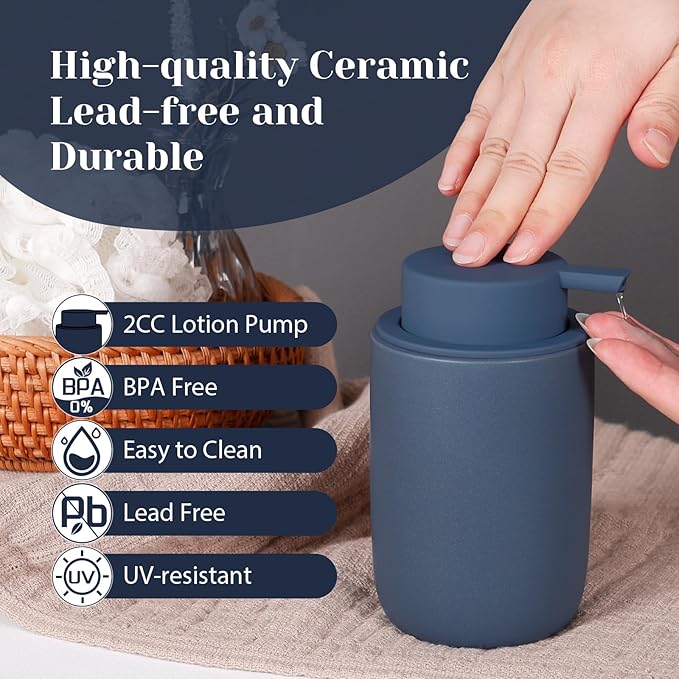 INGOFIN Ceramic Soap Dispenser Set, 2 Pack (12 oz) Bathroom Hand Soap Dispenser with Pump, Liquid Hand and Dish Dispenser Set with 8 Pcs Clear Stickers, for Kitchen -Matte Blue