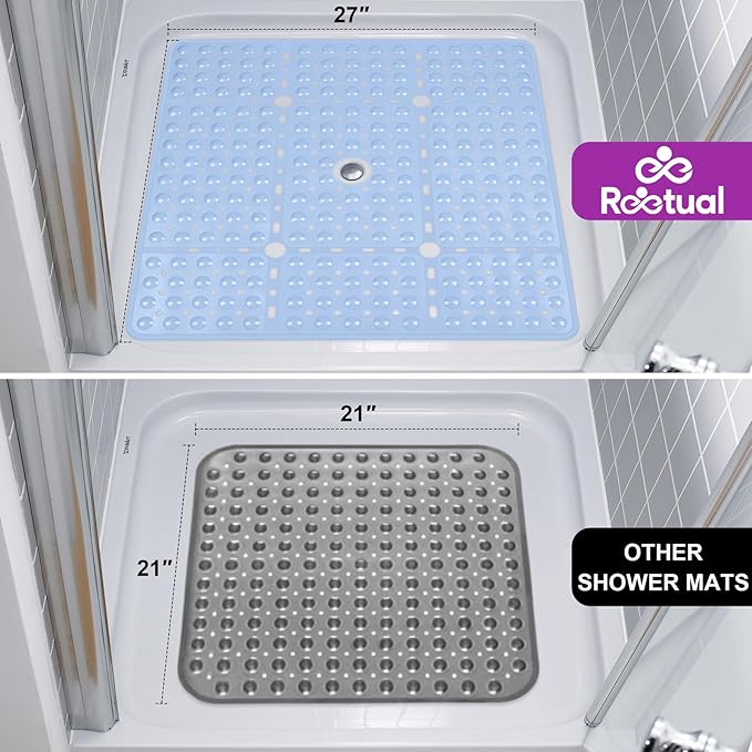 Reetual XL Shower Mat Non Slip - 27x27 Bath Mat for Shower Stall or Large Bathtub Mat with 240 Powerful Suction Cups and Drain Holes. Black Shower Mats for Bathroom (Blue Aqua)