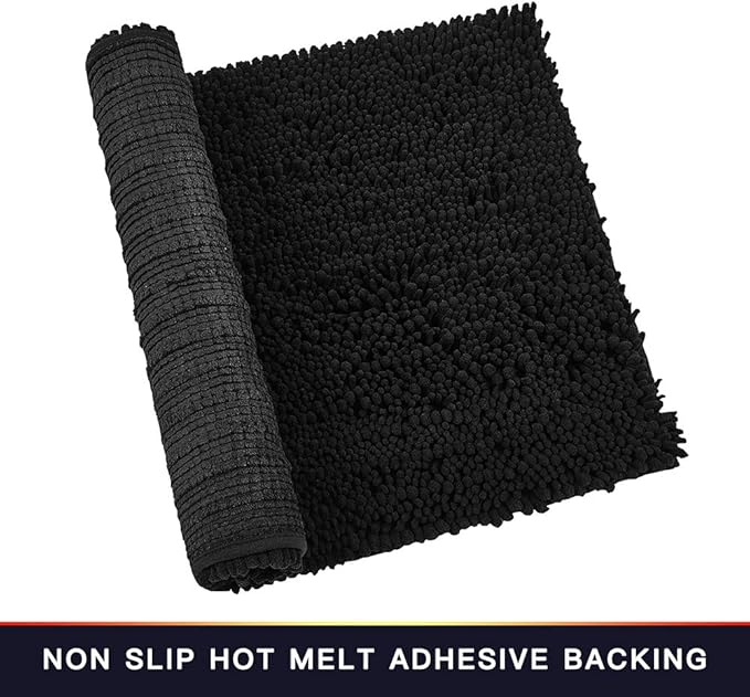 Walensee Bathroom Rug Non Slip Bath Mat (32x20 Inch Black) Water Absorbent Super Soft Shaggy Chenille Machine Washable Dry Extra Thick Perfect Absorbant Best Large Plush Carpet for Shower Floor