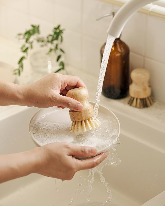 Jungle Culture Kitchen Dish Scrubber Set of 2 • Bamboo Dish Brush for Washing Pots, Pans, Dishes & Plates • Natural Bristle Wooden Brushes for Washing Up • Zero Waste Firm & Soft Eco Scrub Brush