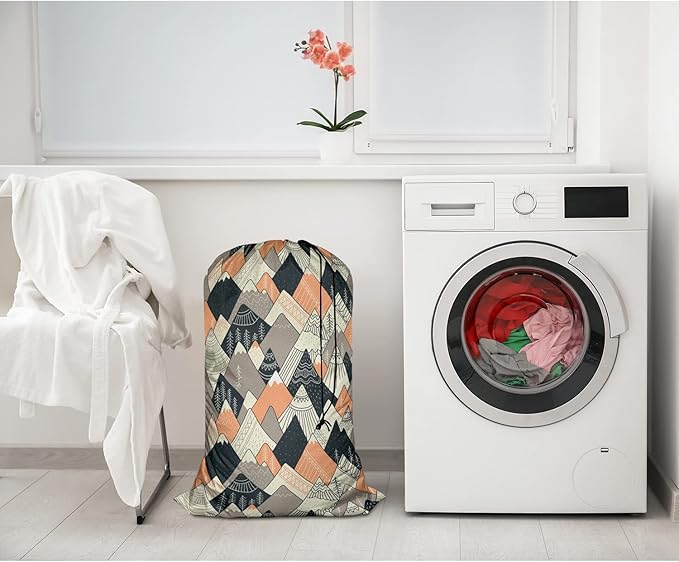 Swono Mountains Large Travel Laundry Bag - Washable Wet/Dry Bag for Dirty Clothes - Scandinavian Style Landscape Tree Boho Art - 28x40 Inch