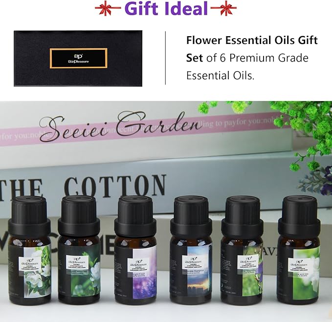Flower Essential Oils Set, 6x10ml Aromatherapy Oil Gift Kit for Diffuser, Fragrance, Humidifier, Air Purifier- Gardenia, Magnolia, Shangri-La, Jasmine, White Tea, Lavender