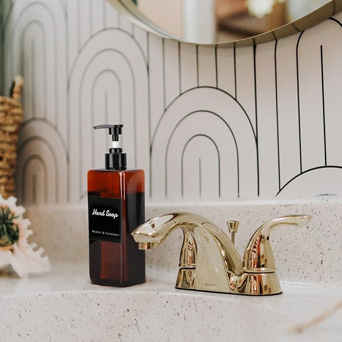 Suream Amber Shampoo and Conditioner Dispenser with Black Plastic Pump, 16.9oz Refillable Shower Bottle for Bathroom, Empty Container for Body Wash, Hand Soap, Lotion, Massage Oil