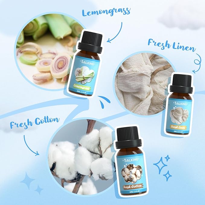 SALKING Clean Fragrance Oils Set, Premium Essential Oil for Diffuser, Scented Oil Gift Set for Soap Candle Making - Lemongrass, Fresh Cotton, Fresh Linen, Cherry Blossom Soap, Clean Air, Aloe