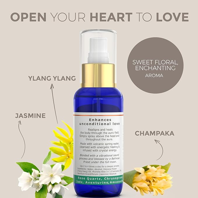 BALIPURA Pure Love Aura Spray - Organic Jasmine & Ylang Ylang Essential Oils - Attraction Mist with Quartz Crystals - Aromatherapy Room Spray for Abundance, Cleanse, and Self-Love