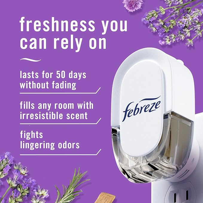 Febreze Odor-Fighting Fade Defy PLUG Air Freshener,Downy April Fresh, Mediterranean Lavender, .87 fl. oz. Oil Refills, 4 Refills (2 of Each)
