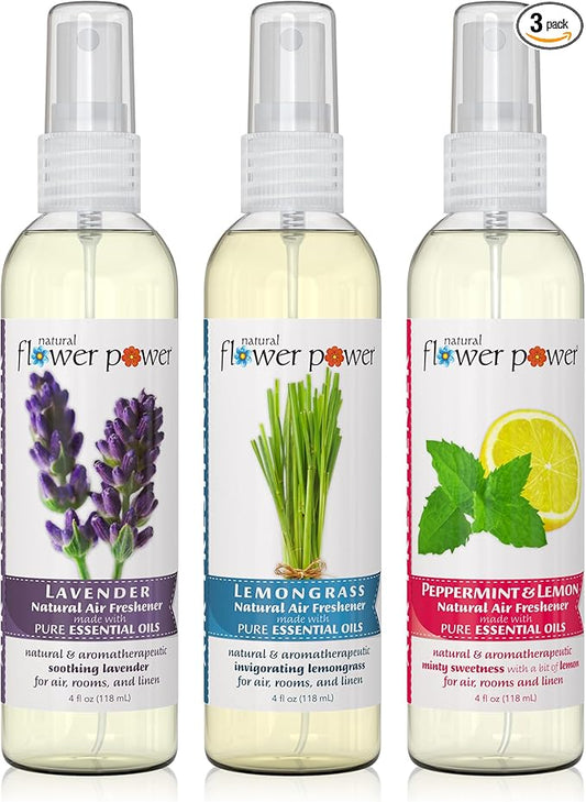 Natural Flower Power Air Freshener Spray - Odor Eliminator w/Essential Oils - Home, Car & Fabric - Cruelty Free & Vegan - Variety Pack - Lavender + Lemongrass + Peppermint & Lemon - 3 x 4 fl oz