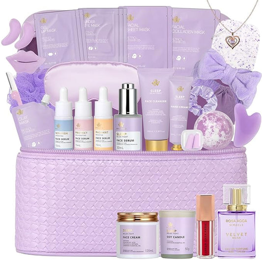 Christmas Gifts for Women, Lavender 33 Pcs Spa Bath & Body Gift Set, Face Sheet Mask Skin Care, Hydrogel Mask, Lip Gloss, Cosmetic Bag, Face Serum, Necklace, Cleanser, Gua Sha, Mother Day, Birthday