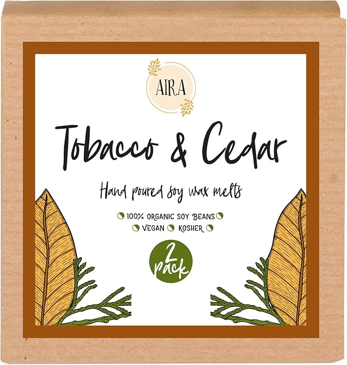Aira Soy Wax Melt - Organic, Vegan, Kosher, Scented Soy Wax Cubes w/Essential Oil Blends - No Chemical 100% Soy Tart for Electric/Tealight Melters - Hand-Poured Soy Tarts - Tobacco & Cedar - 2 Pack