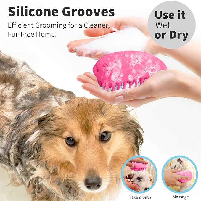 Bath Brushes for Pet Grooming & Massage,Rubber Scrubbing Brush for Dogs,Pet Silicone Shampoo Brush,Ideal for Long & Short Haired Dogs and Cats, Essential Puppy Accessory,Pink