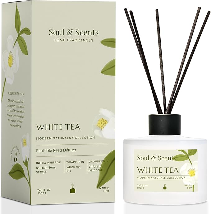 Soul & Scents Reed Diffuser Set – White Tea | 7.43 oz Refillable Scented Oil with 6 Fiber Sticks | Long-Lasting Home Fragrance & Air Freshener for Bedroom, Bathroom, Office | Gift & Décor Piece