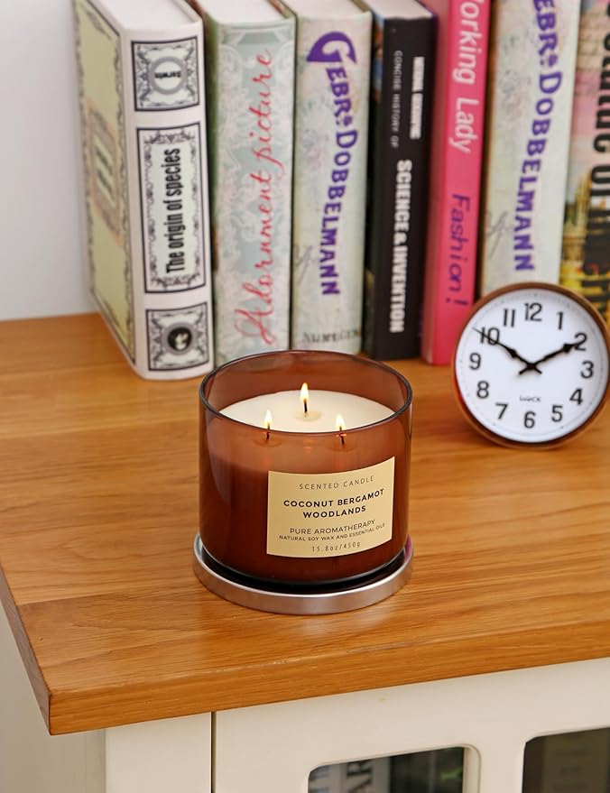 Coconut Bergamot Woodlands 3-Wick Soy Scented Candle, 15.8 oz - Clean Burn - Creamy Coconut, Bergamot & Balsam Woods - Large Aromatherapy Candle for Home Relaxation