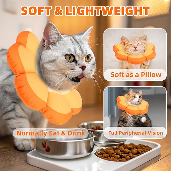 PUPTECK Cat Cone Collar Soft, Adjustable Protective Recovery Flower Collar Alternative, Comfortable Elizabethan Cat Collar Lightweight Stop Licking Neck Cone for Cats After Surgery, Orange, M