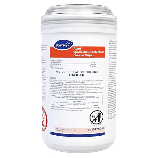 Diversey 100895790 Avert Sporicidal Disinfectant Cleaner, Hospital Grade Kills C. Difficile Spores, Standard Size Wipes, 160-Wipes, 1-Canister (Pack of 12)