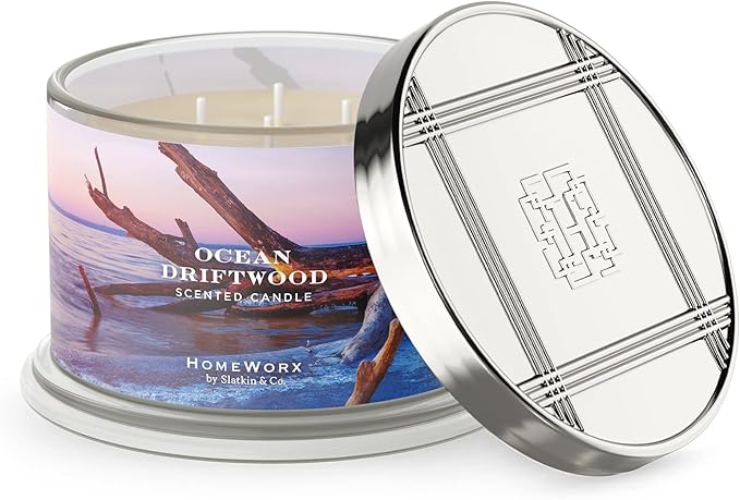 HomeWorx by SLATKIN + CO. Candle- Ocean Driftwood, 18 oz. 4-Wick Premium Scented Candle - 30-55 Hours Burn Time