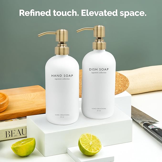 Vine Creations White Glass Soap Dispenser Set, Dish Soap and Hand Soap Dispenser Set with Stainless Steel Pump, 16 oz Glass Dispensers for Kitchen or Bathroom Decor (Matte White Bottle/Brushed Brass)