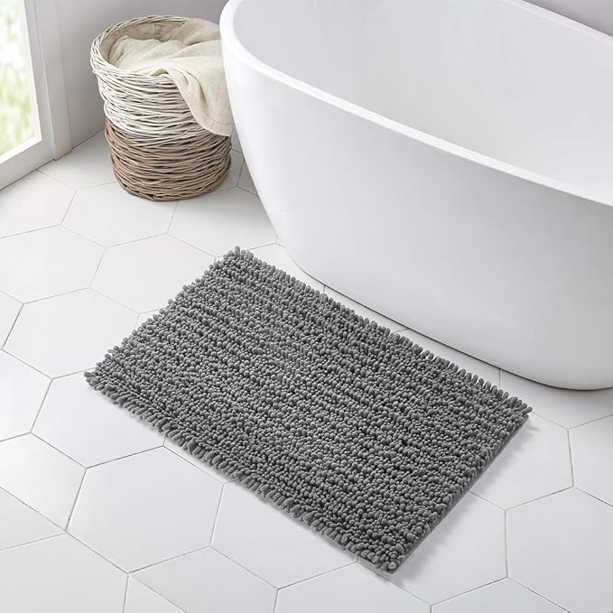 Walensee Bathroom Rug Non Slip Bath Mat (36x24 Inch Grey) Water Absorbent Super Soft Shaggy Chenille Machine Washable Dry Extra Thick Perfect Absorbant Best Large Plush Carpet for Shower Floor