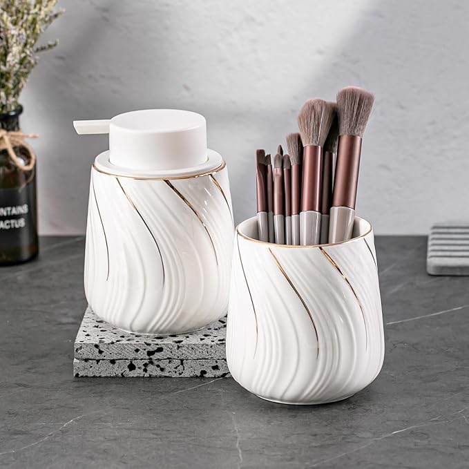 Foam Hand Soap Dispenser - 13.5 oz Ceramic foaming Hand soap Dispenser with Easy-to-Press Pump for Bathroom refillable Liquid Hand soap Dispenser (Foam-White with Gold Thread)