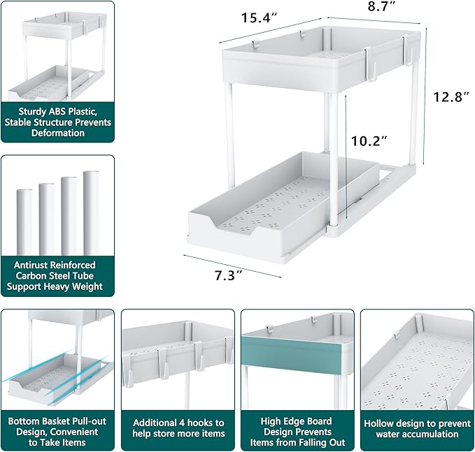 2 Pack Under Sink Organizer, 2 Tier Bathroom Cabinet Organizer with Sliding Basket, Multi-Purpose Under Sink Organizers and Storage for Bathroom Kitchen (White 2 Pack)