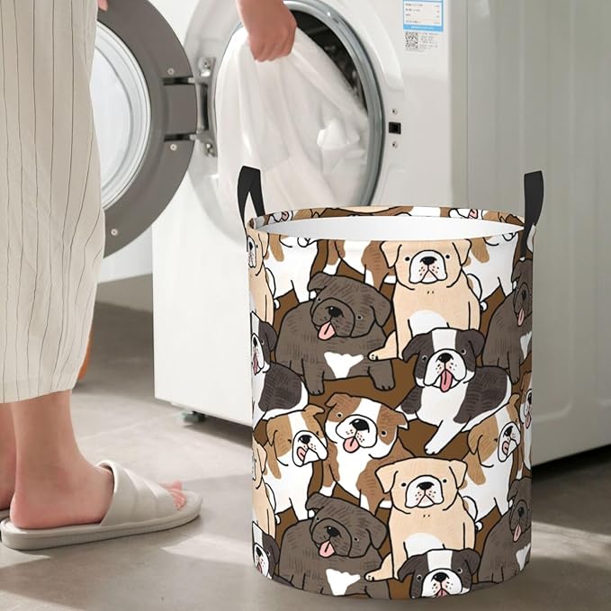 Cute Dogs Laundry Hamper Bag With Waterproof Liner - Cartoon Bulldog Puppy Round Laundry Basket Foldable Clothes Storage Organizer For Bathroom Bedroom Nursery Dorm, S-16.5"X 13.8"