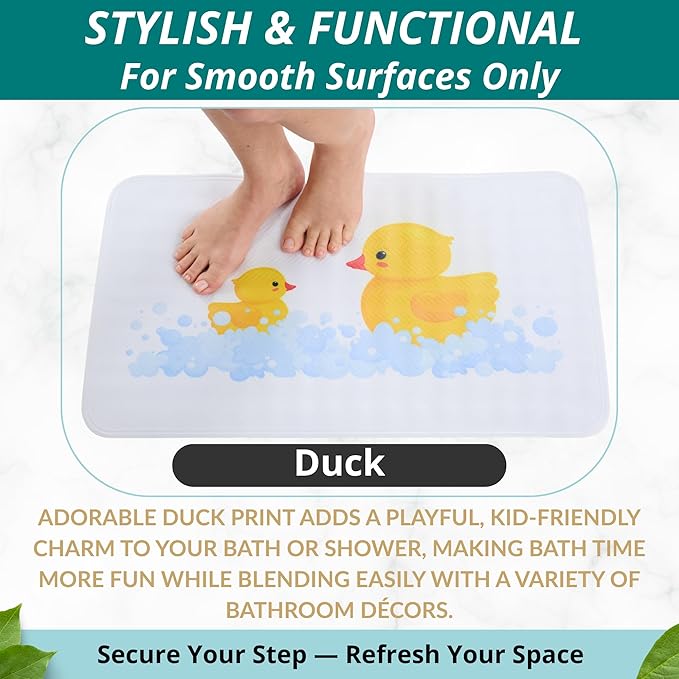 ENKOSI Non Slip Bath Mat for Tub and Shower Floors – Anti Slip Shower Mat with Strong Secure Suction Cup Grip – Rubber Duck Print for Kids and Toddlers for Inside Bathroom Bathtub (28x16 Duck)