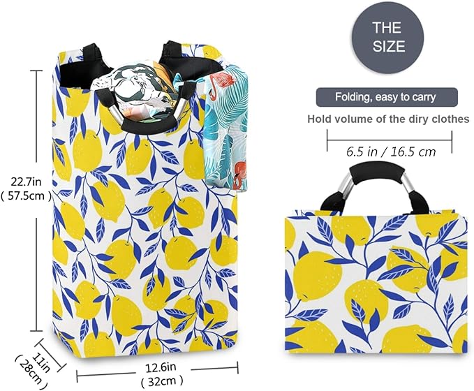 visesunny Collapsible Laundry Basket Yellow Lemon With Blue Leaf Large Laundry Hamper with Handle Toys and Clothing Organization for Bathroom, Bedroom, Home, Dorm, Travel