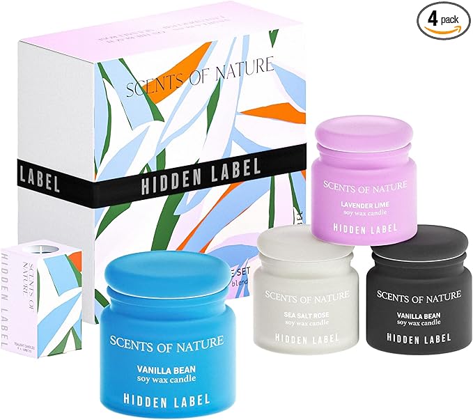 Hidden Label Scented Candles Gifts for Women, Small Soy Candles 4pack Candle Gift Set for Mom Sister Girlfriend, Ideal Gifts for Birthday Valentines Day Mothers Day Christmas(Set 1)