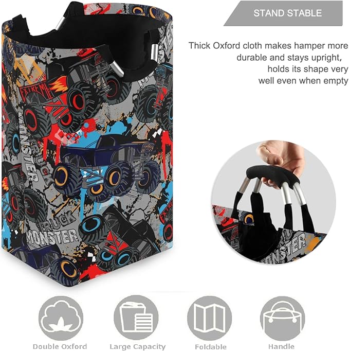 visesunny Large Capacity Laundry Hamper Basket Monster Truck Car Pattern Oxford Cloth Storage Baskets for Bedroom, Bathroom, Dorm, Kids Room