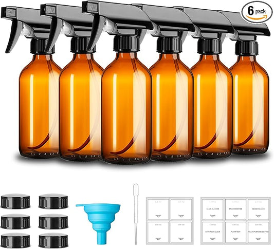 8oz Amber Glass Spray Bottles,6 Pack Glass Spray Bottles Refillable Empty Bottle with Adjustable Nozzle,Spray Bottle for Essential Oils,Cleaning Solutions,Pets,Hair Mister,Gardening