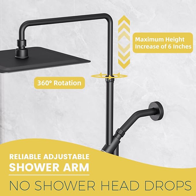 12 Inch Rain Shower Head with 8-Setting Handheld Spray Combo,Black Shower heads with Height Adjustable Shower Arm, Slide Bar with Holder, Stainless Steel Hose