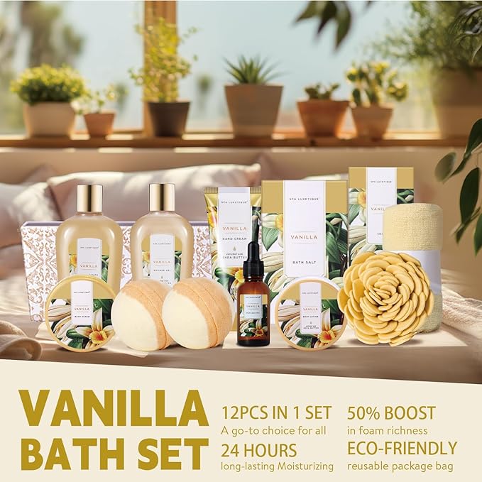 Spa Gift Baskets for Women, Spa Luxetique Spa Gifts for Women, Birthday Gifts Spa Kit, 12pc Vanilla Bath Set, Womens Self Care Gifts,Christmas Gifts
